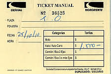Ticket de cobro manual Autopista Nororiente